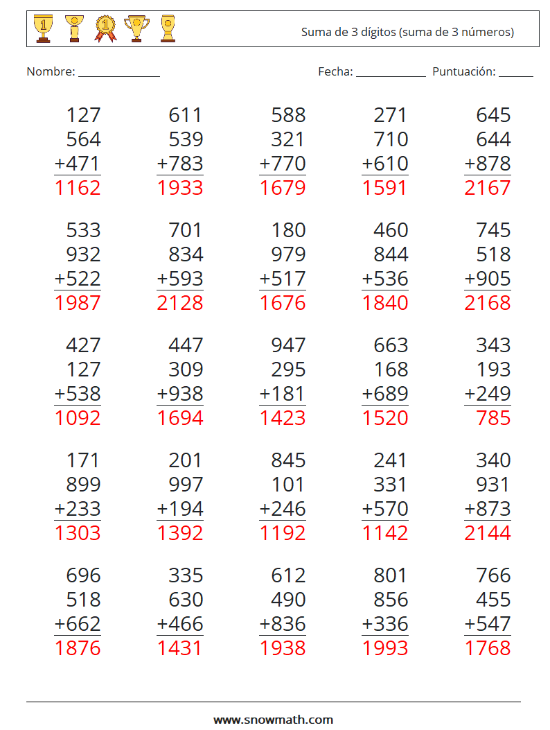 (25) Suma de 3 dígitos (suma de 3 números) Hojas de trabajo de matemáticas 6 Pregunta, respuesta