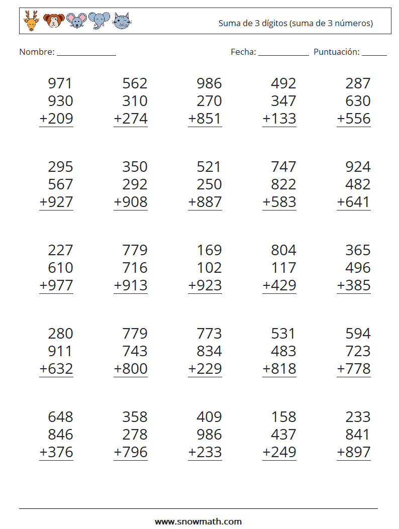 (25) Suma de 3 dígitos (suma de 3 números) Hojas de trabajo de matemáticas 7