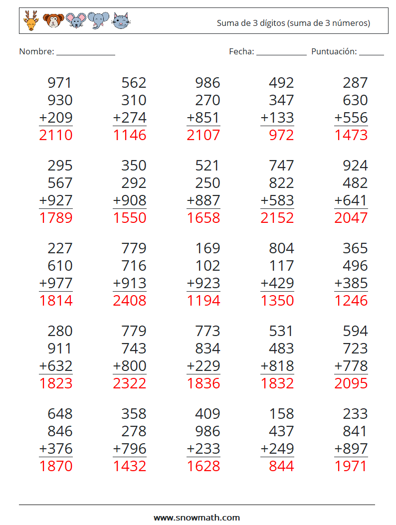 (25) Suma de 3 dígitos (suma de 3 números) Hojas de trabajo de matemáticas 7 Pregunta, respuesta