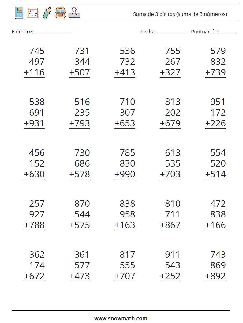 (25) Suma de 3 dígitos (suma de 3 números) Hojas de trabajo de matemáticas 8