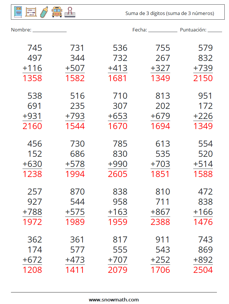 (25) Suma de 3 dígitos (suma de 3 números) Hojas de trabajo de matemáticas 8 Pregunta, respuesta