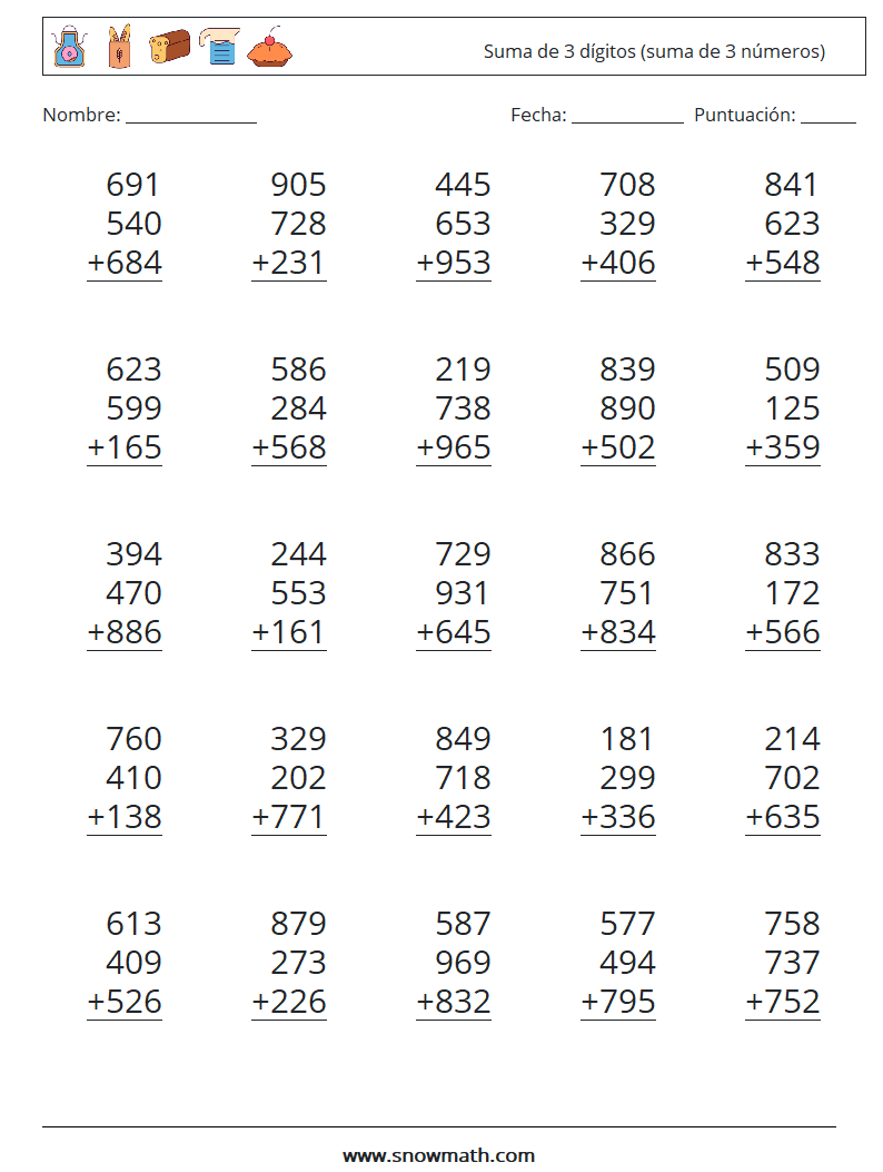 (25) Suma de 3 dígitos (suma de 3 números) Hojas de trabajo de matemáticas 9