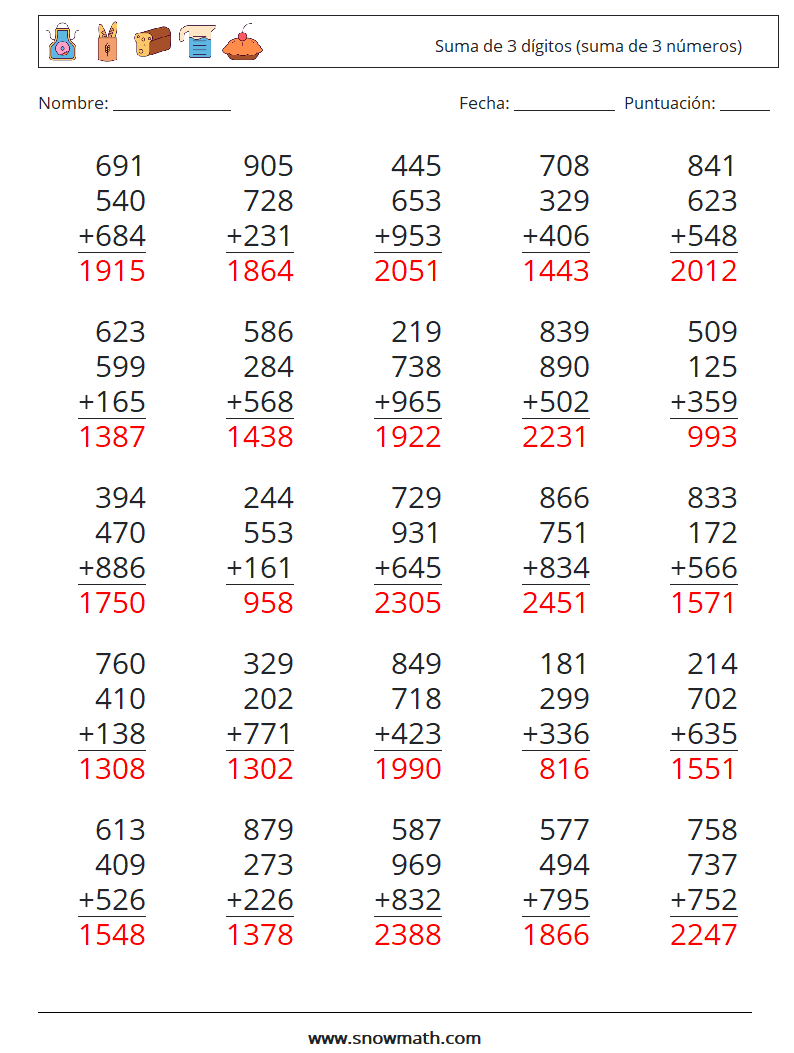 (25) Suma de 3 dígitos (suma de 3 números) Hojas de trabajo de matemáticas 9 Pregunta, respuesta