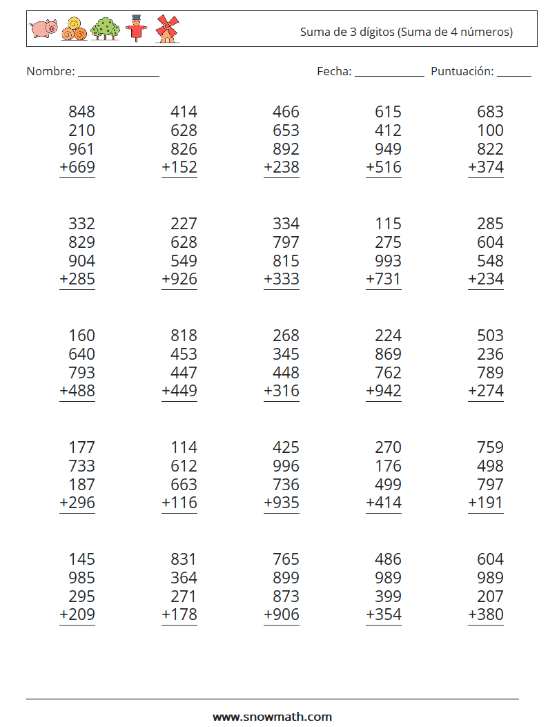 (25) Suma de 3 dígitos (Suma de 4 números) Hojas de trabajo de matemáticas 1