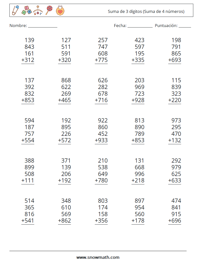 (25) Suma de 3 dígitos (Suma de 4 números) Hojas de trabajo de matemáticas 10