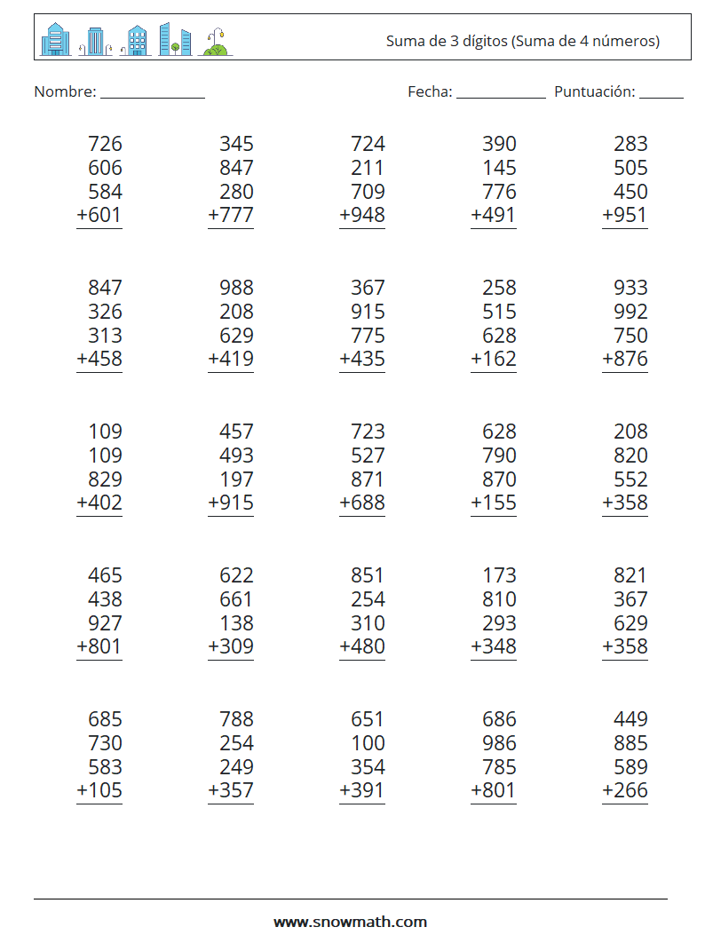 (25) Suma de 3 dígitos (Suma de 4 números) Hojas de trabajo de matemáticas 11