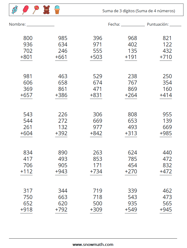 (25) Suma de 3 dígitos (Suma de 4 números) Hojas de trabajo de matemáticas 12