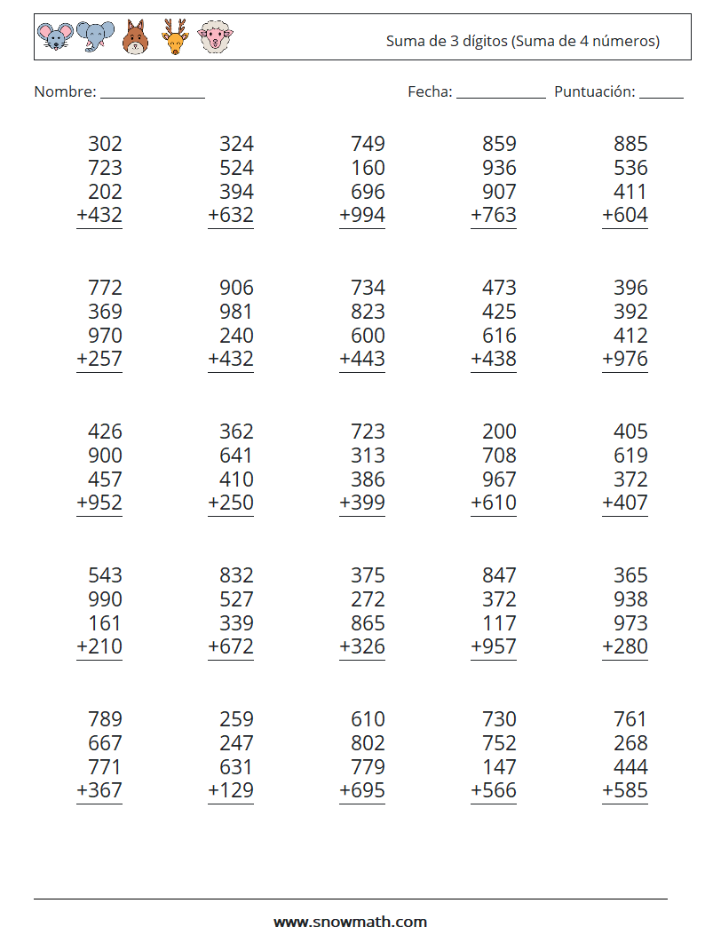 (25) Suma de 3 dígitos (Suma de 4 números) Hojas de trabajo de matemáticas 14