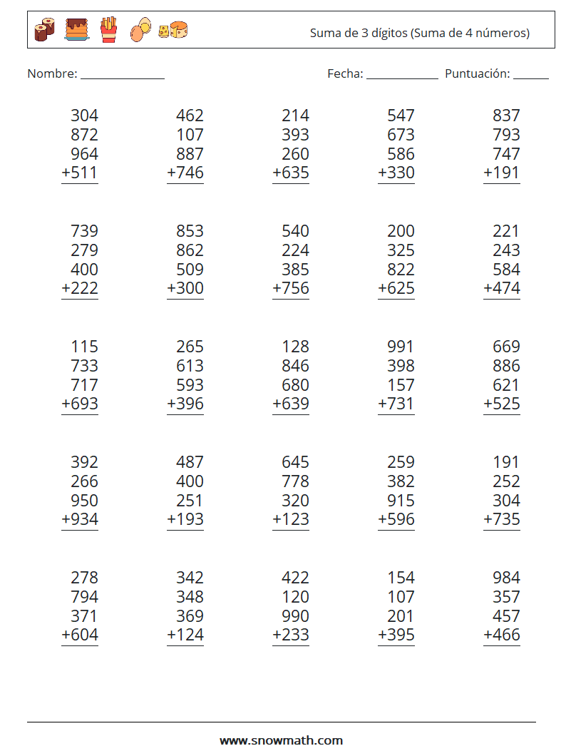 (25) Suma de 3 dígitos (Suma de 4 números) Hojas de trabajo de matemáticas 15
