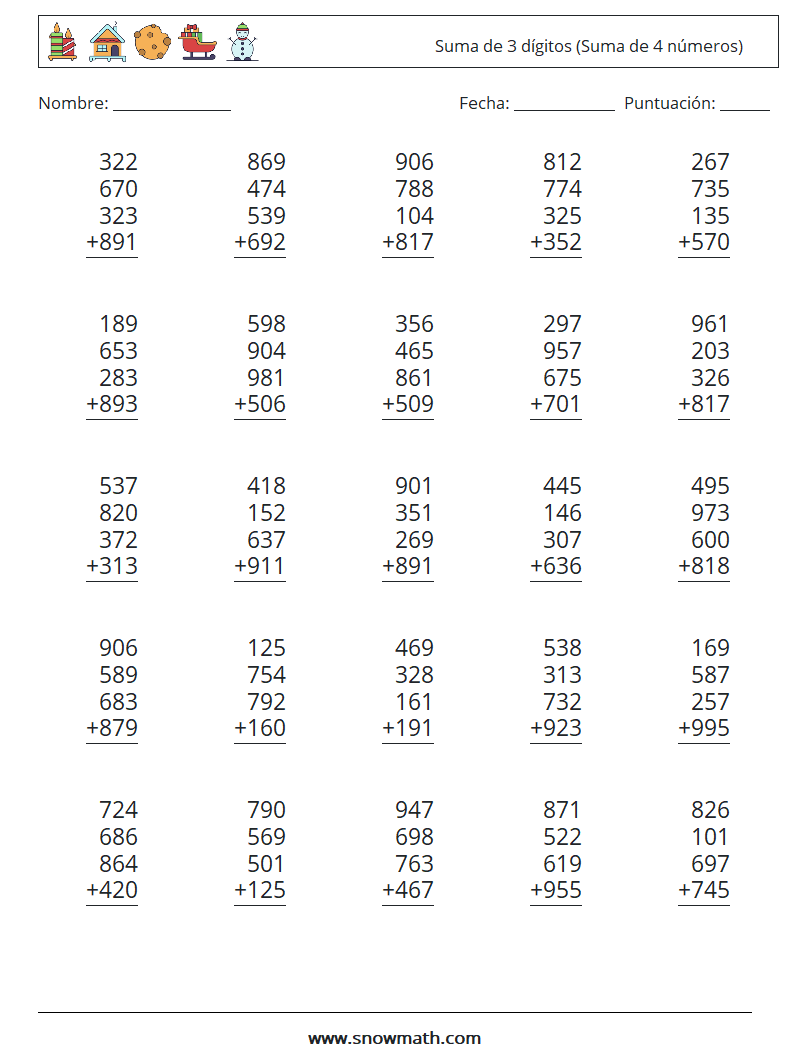 (25) Suma de 3 dígitos (Suma de 4 números) Hojas de trabajo de matemáticas 16