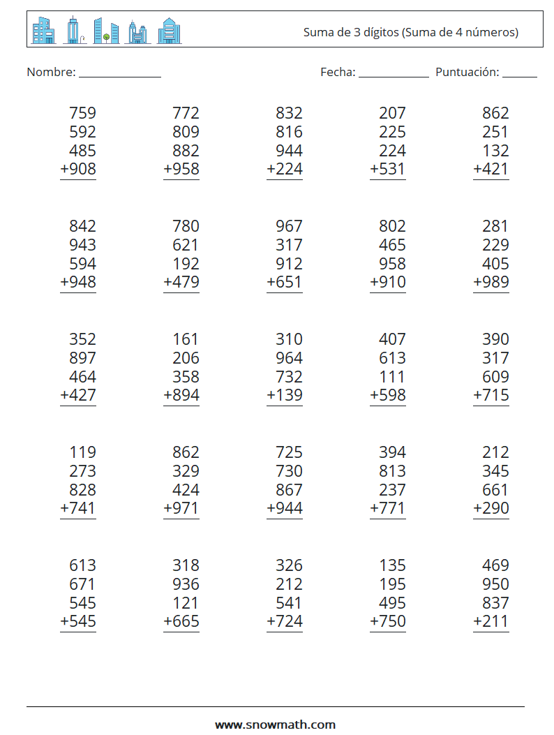 (25) Suma de 3 dígitos (Suma de 4 números) Hojas de trabajo de matemáticas 17