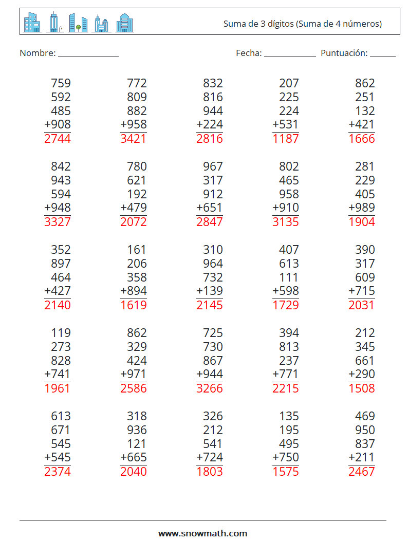 (25) Suma de 3 dígitos (Suma de 4 números) Hojas de trabajo de matemáticas 17 Pregunta, respuesta