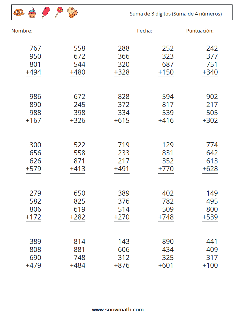(25) Suma de 3 dígitos (Suma de 4 números) Hojas de trabajo de matemáticas 18