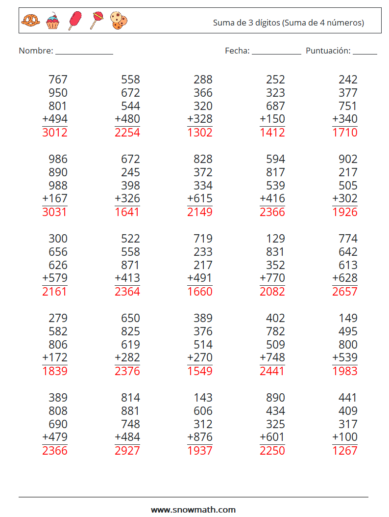 (25) Suma de 3 dígitos (Suma de 4 números) Hojas de trabajo de matemáticas 18 Pregunta, respuesta