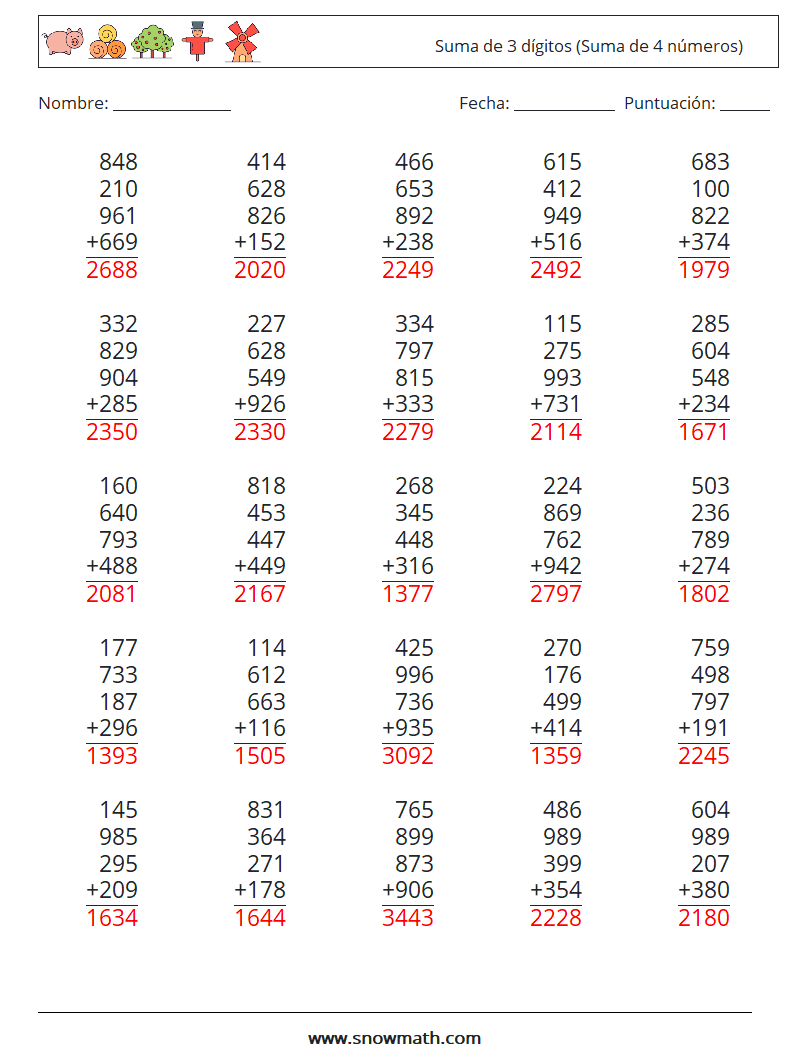 (25) Suma de 3 dígitos (Suma de 4 números) Hojas de trabajo de matemáticas 1 Pregunta, respuesta