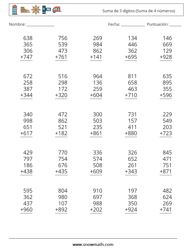 (25) Suma de 3 dígitos (Suma de 4 números) Hojas de trabajo de matemáticas 2