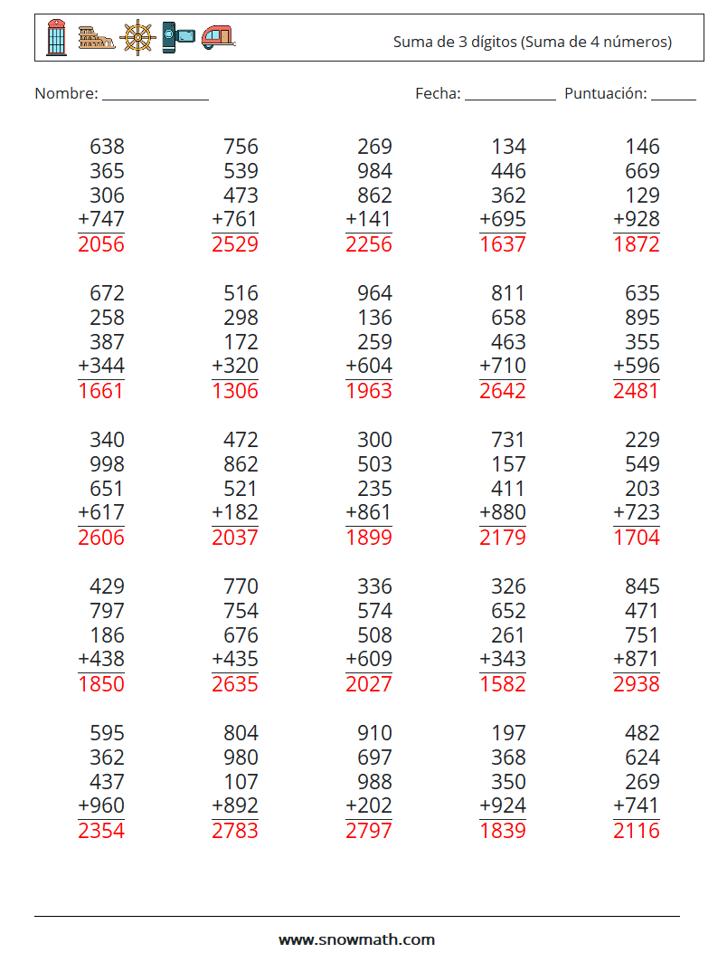 (25) Suma de 3 dígitos (Suma de 4 números) Hojas de trabajo de matemáticas 2 Pregunta, respuesta