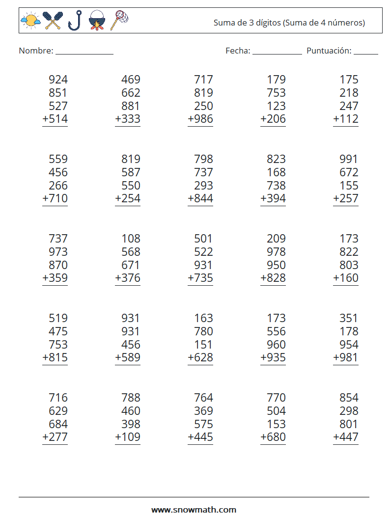 (25) Suma de 3 dígitos (Suma de 4 números) Hojas de trabajo de matemáticas 3