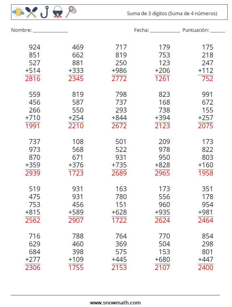 (25) Suma de 3 dígitos (Suma de 4 números) Hojas de trabajo de matemáticas 3 Pregunta, respuesta