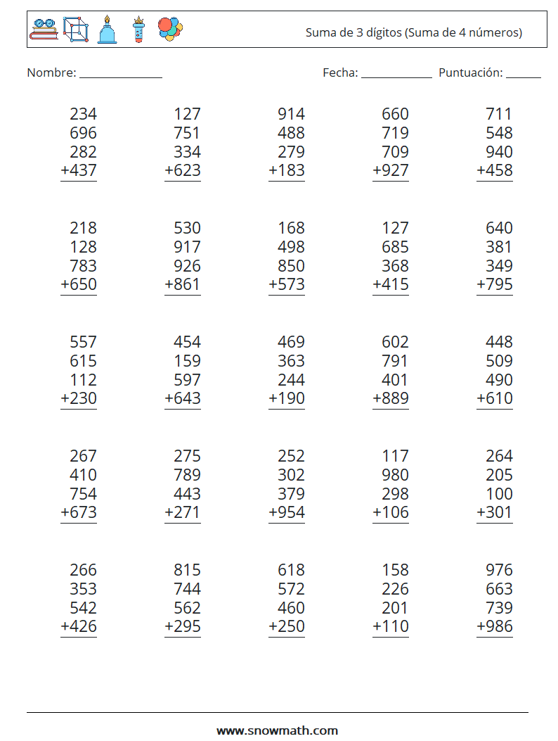 (25) Suma de 3 dígitos (Suma de 4 números) Hojas de trabajo de matemáticas 4