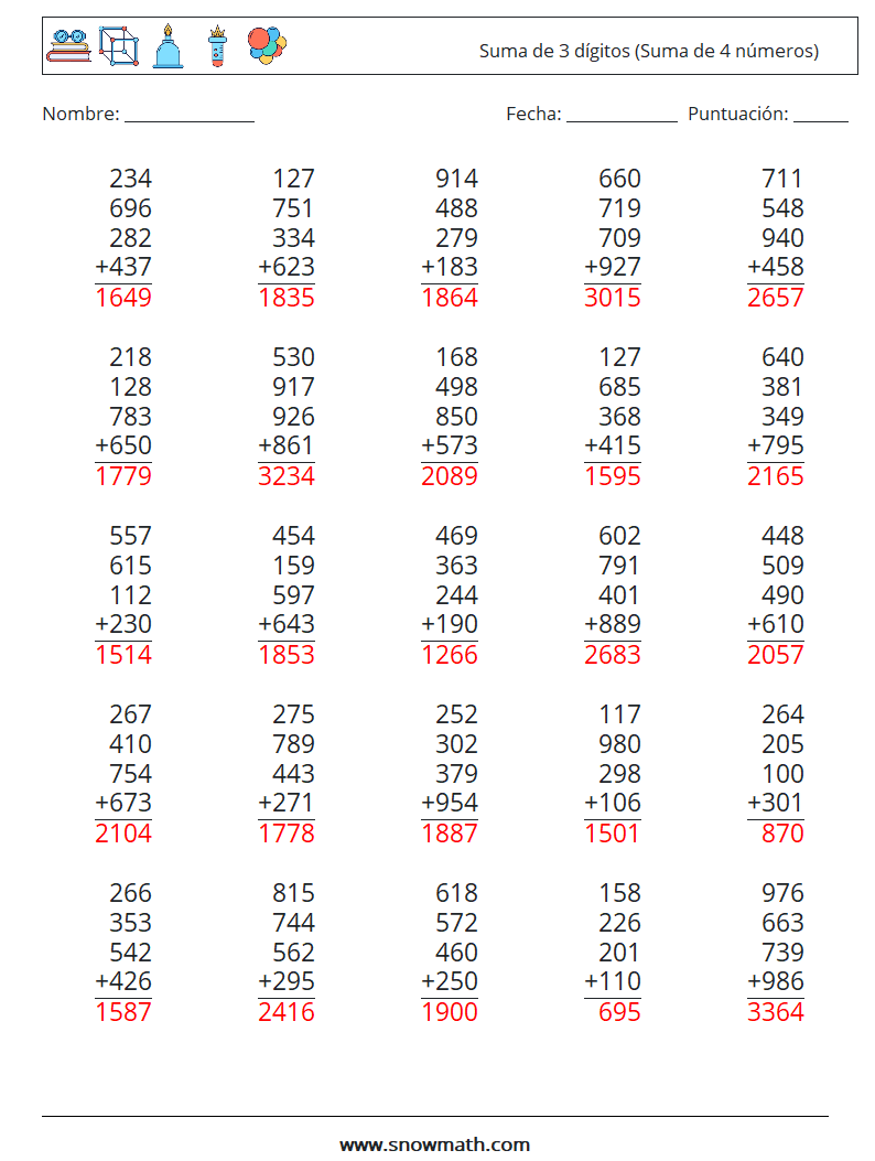 (25) Suma de 3 dígitos (Suma de 4 números) Hojas de trabajo de matemáticas 4 Pregunta, respuesta