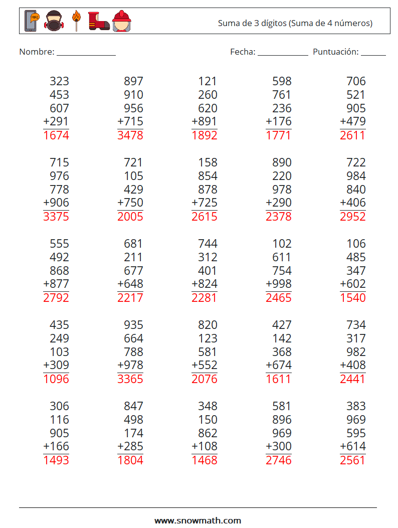 (25) Suma de 3 dígitos (Suma de 4 números) Hojas de trabajo de matemáticas 5 Pregunta, respuesta