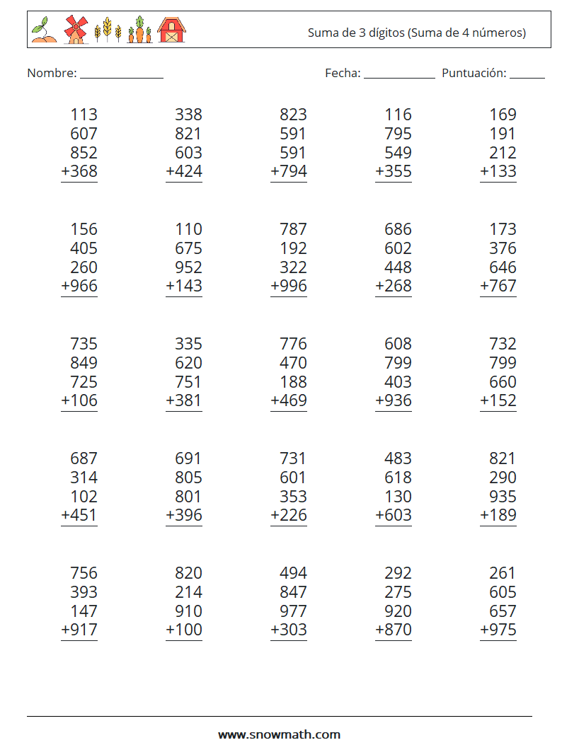 (25) Suma de 3 dígitos (Suma de 4 números) Hojas de trabajo de matemáticas 6