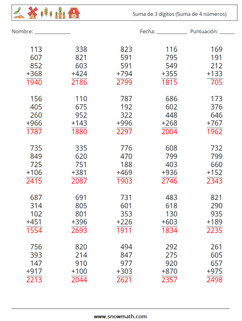 (25) Suma de 3 dígitos (Suma de 4 números) Hojas de trabajo de matemáticas 6 Pregunta, respuesta