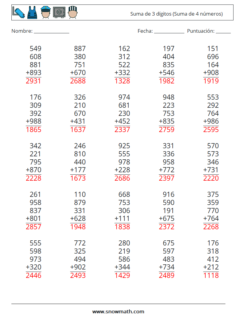 (25) Suma de 3 dígitos (Suma de 4 números) Hojas de trabajo de matemáticas 7 Pregunta, respuesta