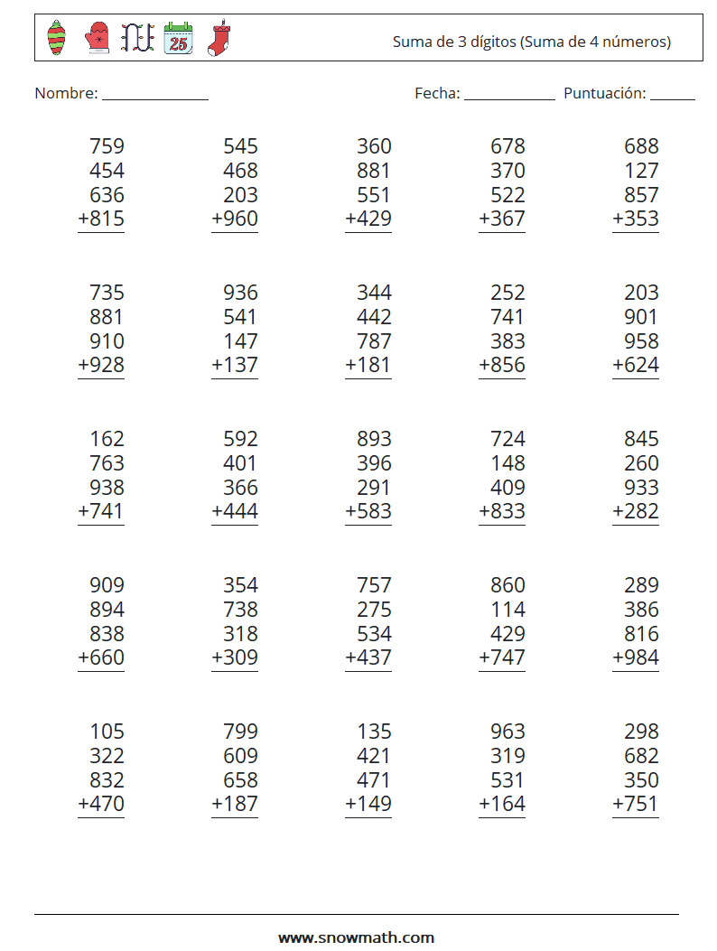 (25) Suma de 3 dígitos (Suma de 4 números) Hojas de trabajo de matemáticas 8