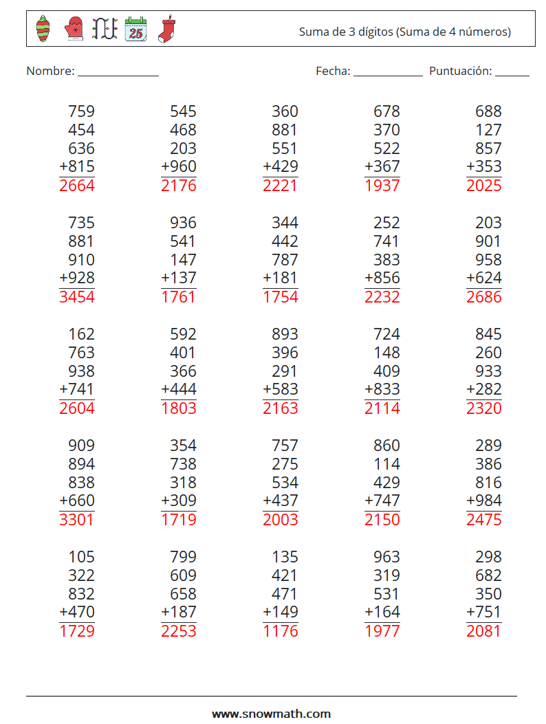 (25) Suma de 3 dígitos (Suma de 4 números) Hojas de trabajo de matemáticas 8 Pregunta, respuesta