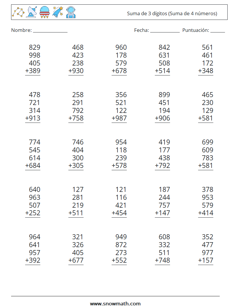(25) Suma de 3 dígitos (Suma de 4 números) Hojas de trabajo de matemáticas 9