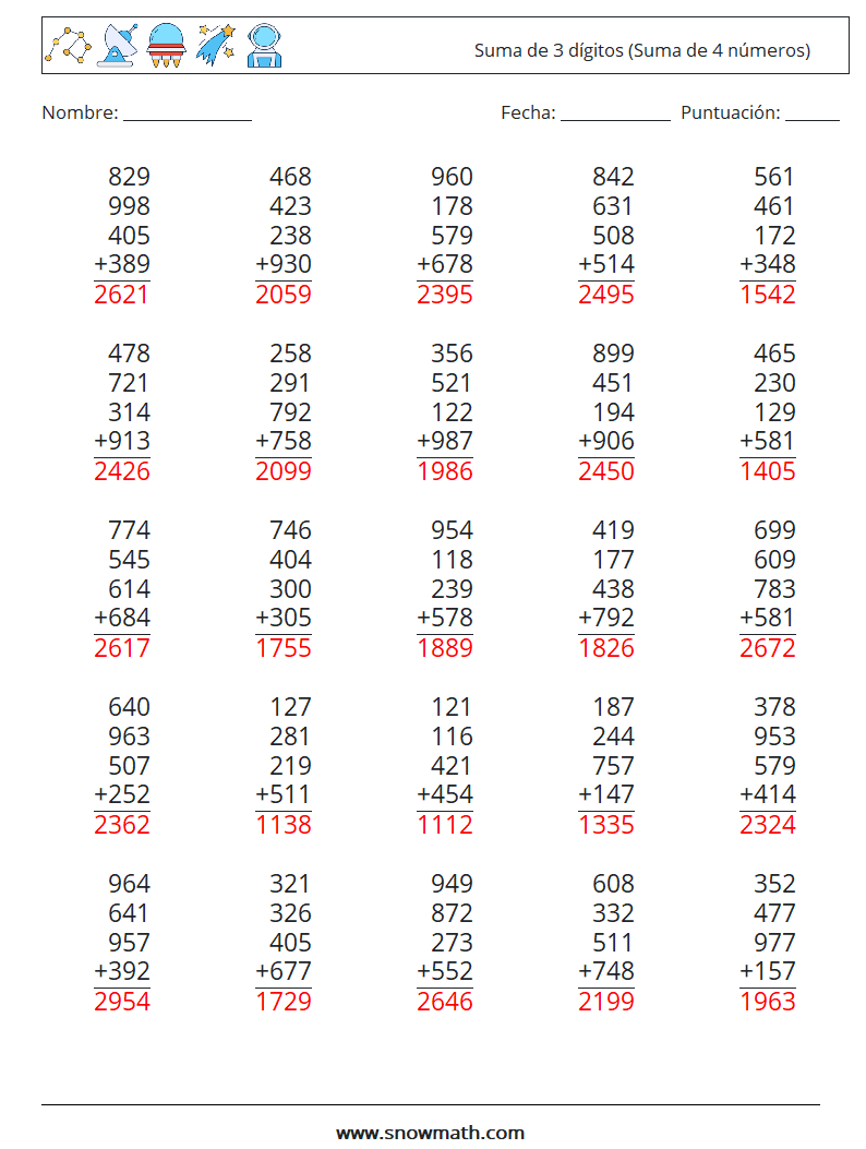 (25) Suma de 3 dígitos (Suma de 4 números) Hojas de trabajo de matemáticas 9 Pregunta, respuesta