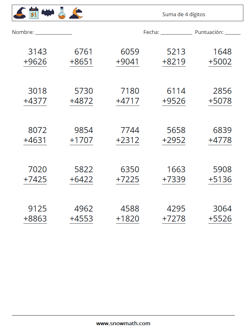 (25) Suma de 4 dígitos Hojas de trabajo de matemáticas 1