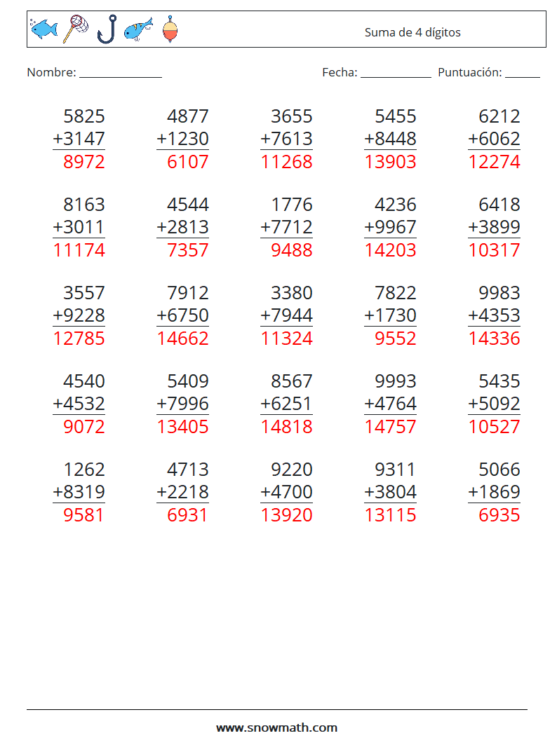 (25) Suma de 4 dígitos Hojas de trabajo de matemáticas 11 Pregunta, respuesta