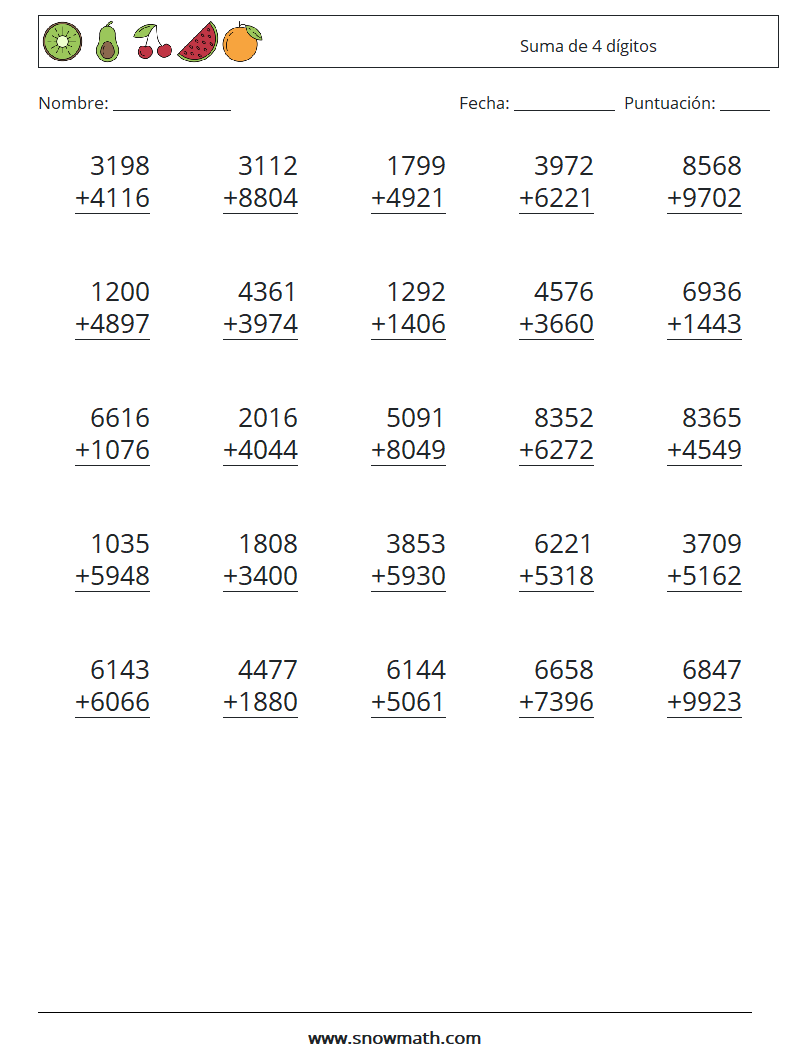 (25) Suma de 4 dígitos Hojas de trabajo de matemáticas 16
