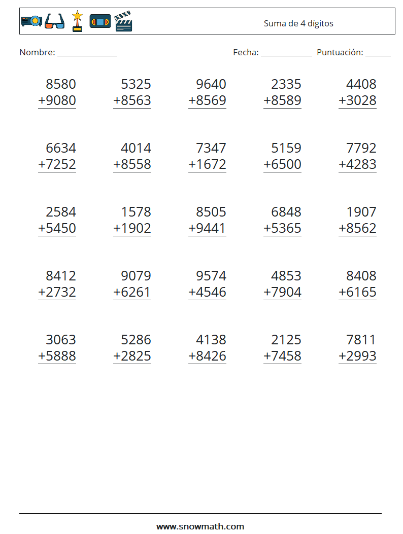 (25) Suma de 4 dígitos Hojas de trabajo de matemáticas 17
