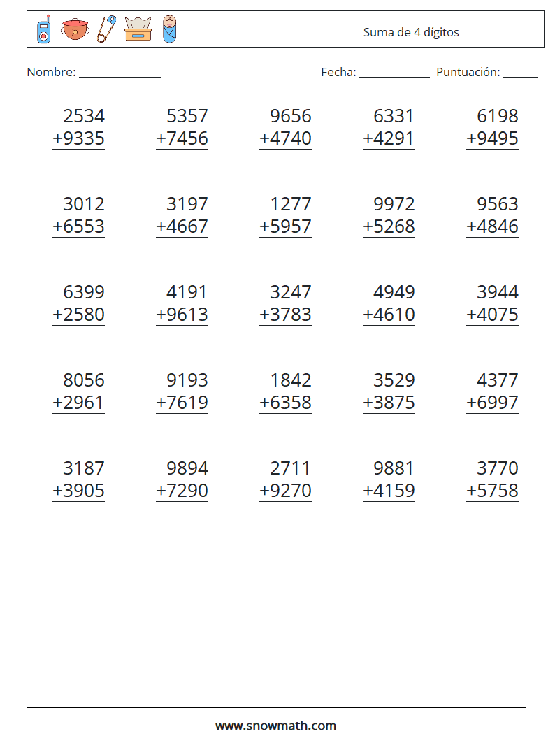 (25) Suma de 4 dígitos Hojas de trabajo de matemáticas 18