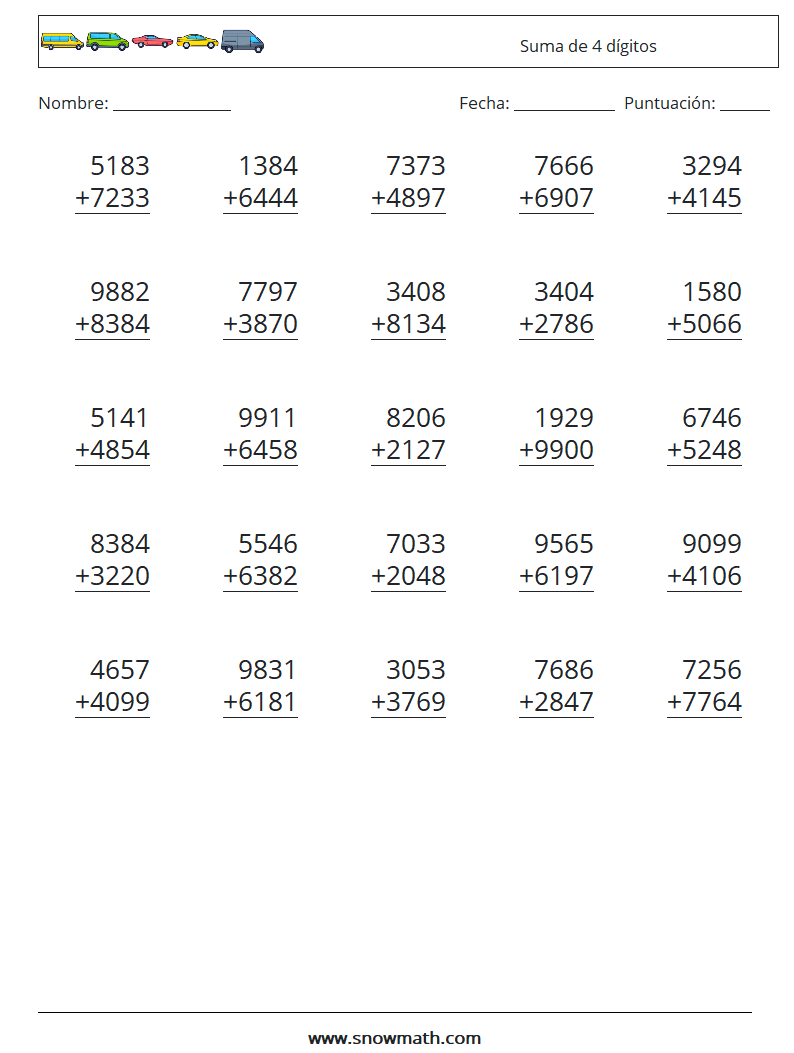 (25) Suma de 4 dígitos Hojas de trabajo de matemáticas 2