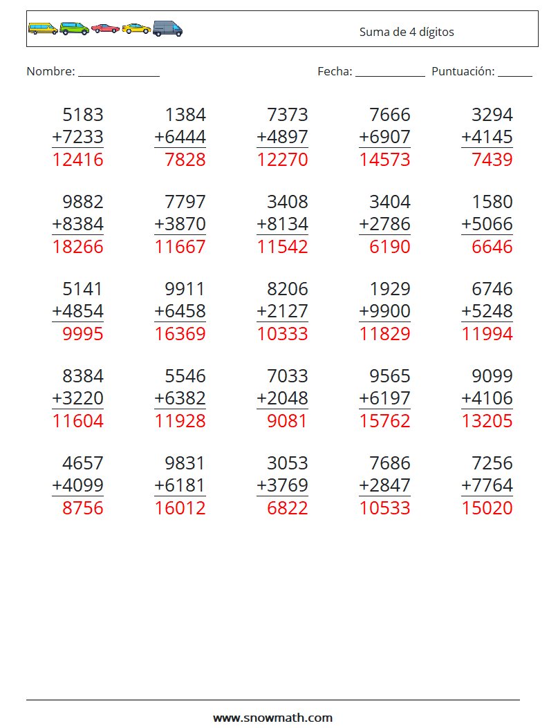 (25) Suma de 4 dígitos Hojas de trabajo de matemáticas 2 Pregunta, respuesta