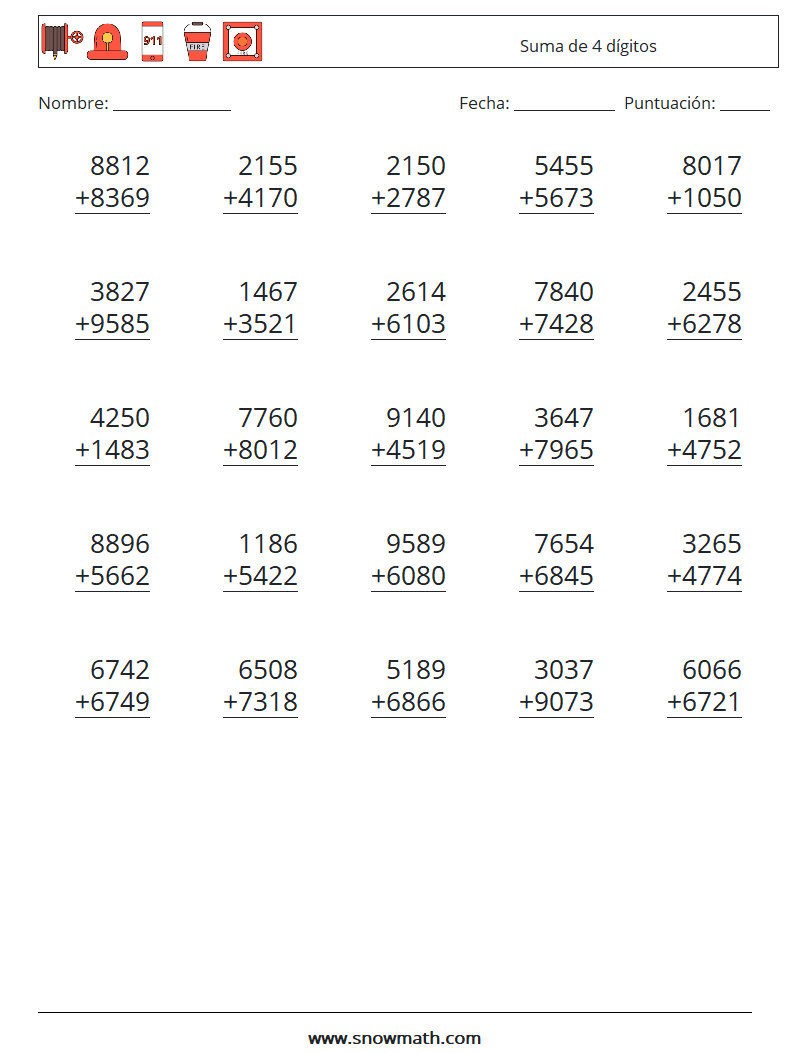 (25) Suma de 4 dígitos Hojas de trabajo de matemáticas 6