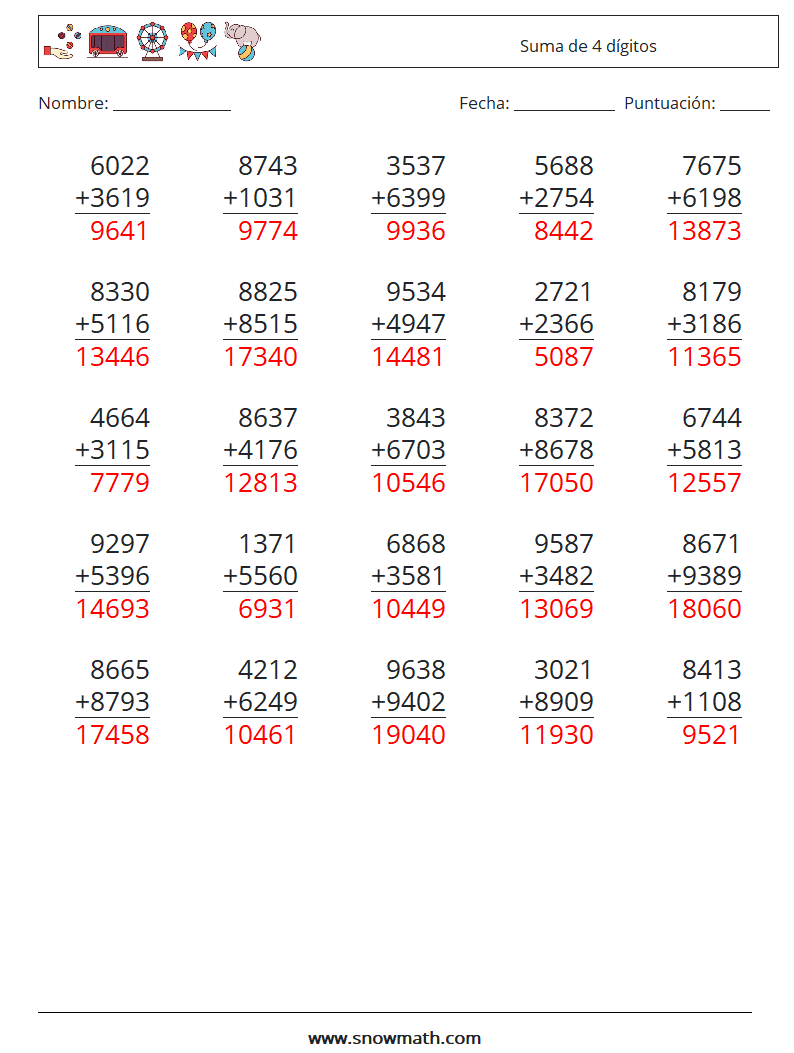 (25) Suma de 4 dígitos Hojas de trabajo de matemáticas 7 Pregunta, respuesta