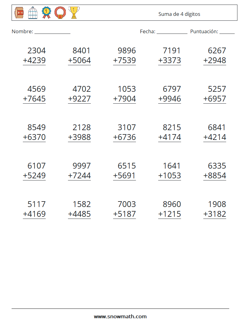 (25) Suma de 4 dígitos Hojas de trabajo de matemáticas 8