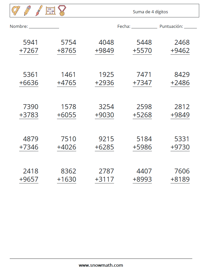 (25) Suma de 4 dígitos Hojas de trabajo de matemáticas 9