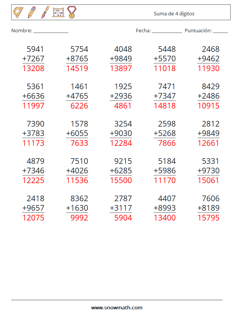 (25) Suma de 4 dígitos Hojas de trabajo de matemáticas 9 Pregunta, respuesta