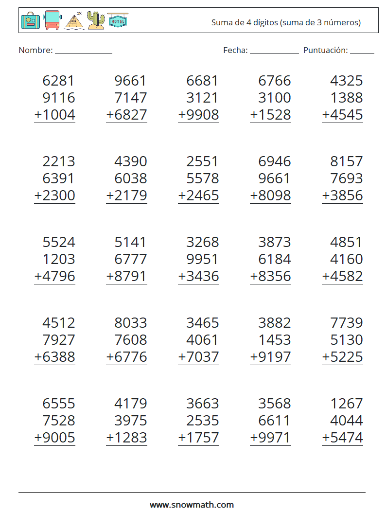 (25) Suma de 4 dígitos (suma de 3 números) Hojas de trabajo de matemáticas 1