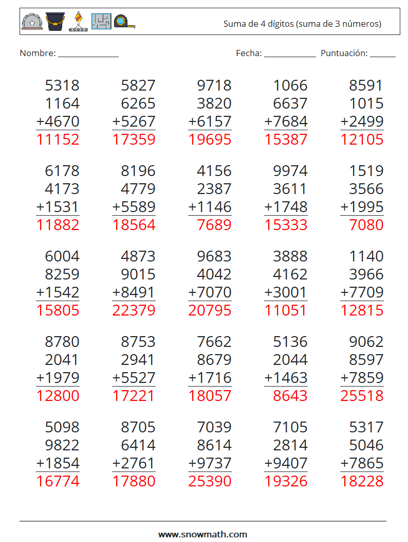 (25) Suma de 4 dígitos (suma de 3 números) Hojas de trabajo de matemáticas 10 Pregunta, respuesta