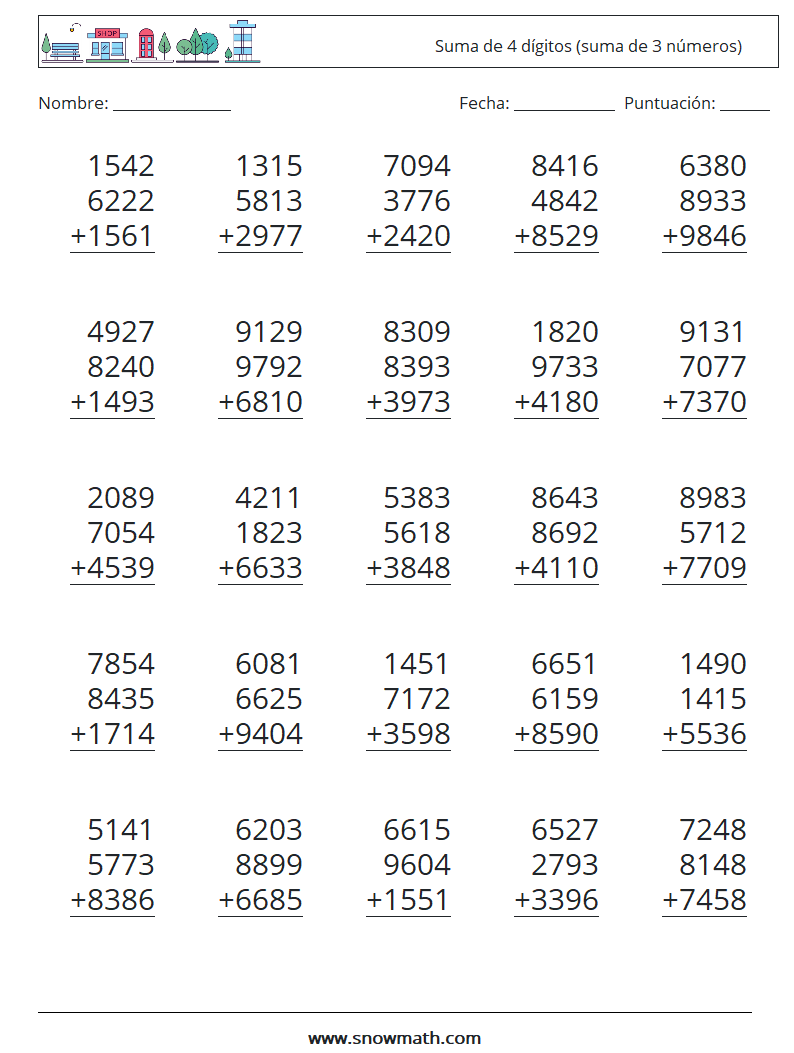 (25) Suma de 4 dígitos (suma de 3 números) Hojas de trabajo de matemáticas 11