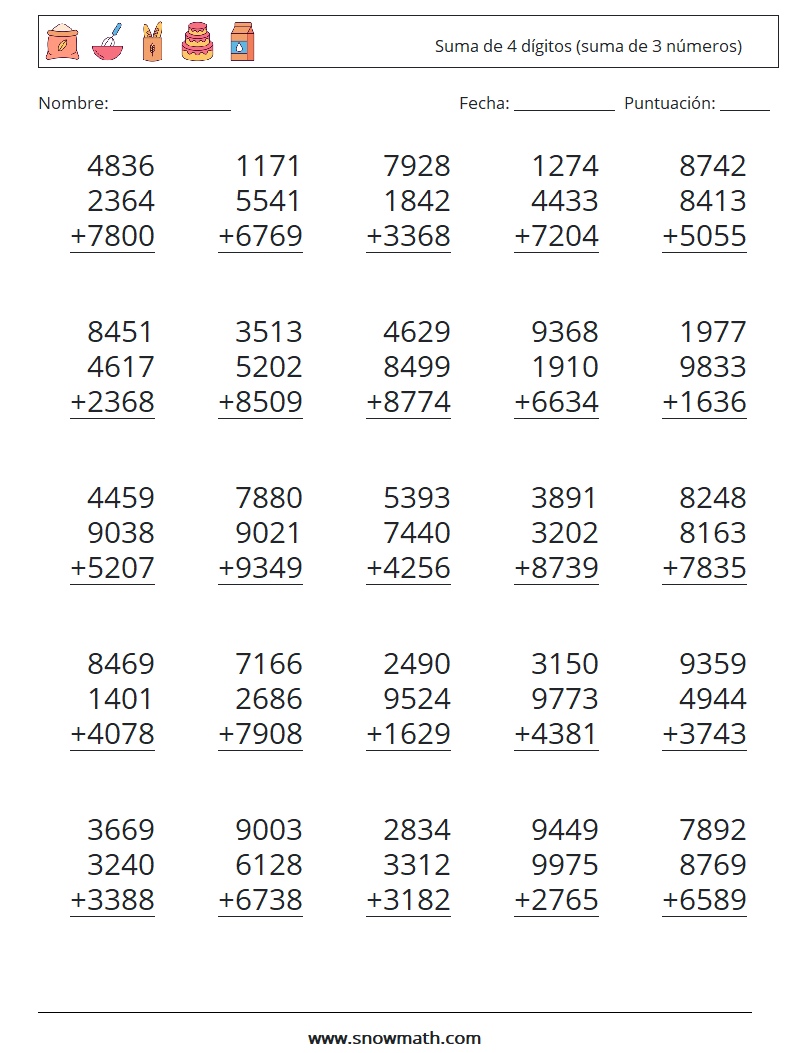 (25) Suma de 4 dígitos (suma de 3 números) Hojas de trabajo de matemáticas 12