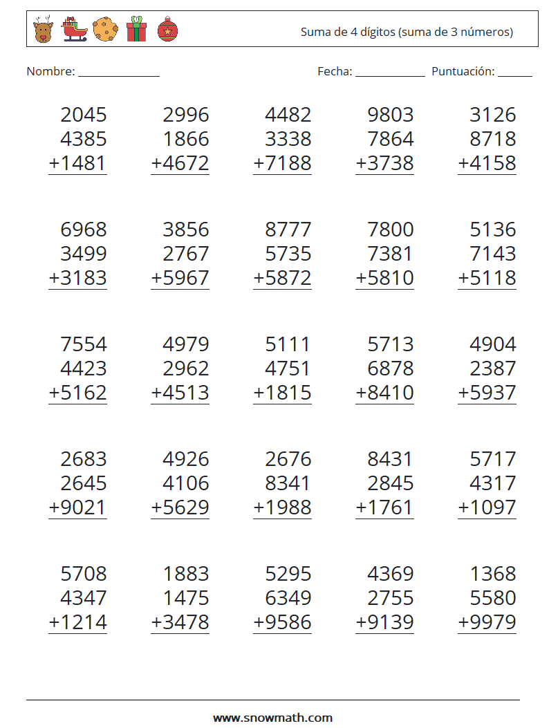 (25) Suma de 4 dígitos (suma de 3 números) Hojas de trabajo de matemáticas 13
